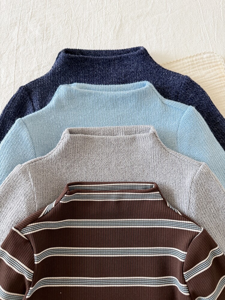 SHEIN Unisex Baby Boy 4pcs Autumn/Winter Thermal-Lined Thick Casual Cute Solid Color And Striped Long-Sleeved Stand-Collar T-Shirts Multi-Piece Set, Baby Winter Tops, Christmas - Dusty Blue - View 6