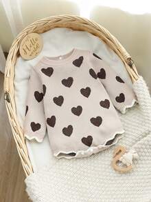 SHEIN Infant (Girl) Sweater Romper, Heart Pattern Long Sleeve Short Crawl Suit, Round Neck Pullover With Wavy Trim, Suitable For Autumn And Winter Newborn Baby Outfit - Coffee Brown - View 4