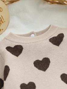 SHEIN Infant (Girl) Sweater Romper, Heart Pattern Long Sleeve Short Crawl Suit, Round Neck Pullover With Wavy Trim, Suitable For Autumn And Winter Newborn Baby Outfit - Coffee Brown - View 8
