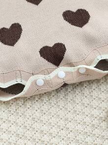SHEIN Infant (Girl) Sweater Romper, Heart Pattern Long Sleeve Short Crawl Suit, Round Neck Pullover With Wavy Trim, Suitable For Autumn And Winter Newborn Baby Outfit - Coffee Brown - View 5