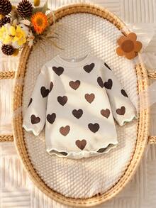 SHEIN Infant (Girl) Sweater Romper, Heart Pattern Long Sleeve Short Crawl Suit, Round Neck Pullover With Wavy Trim, Suitable For Autumn And Winter Newborn Baby Outfit - Coffee Brown - View 2