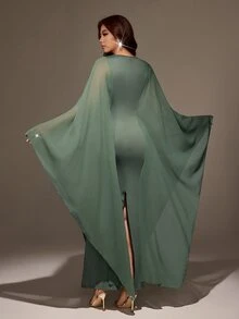 Viva Relle Plus Size Women's Sheer Batwing Sleeve Decorated Button Back Slit Long Casual Dress - Army Green - View 3