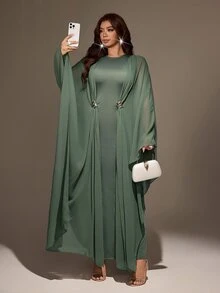 Viva Relle Plus Size Women's Sheer Batwing Sleeve Decorated Button Back Slit Long Casual Dress - Army Green - View 6