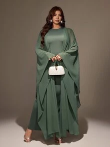 Viva Relle Plus Size Women's Sheer Batwing Sleeve Decorated Button Back Slit Long Casual Dress - Army Green - View 2