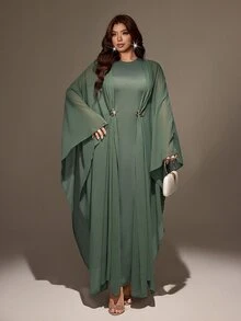 Viva Relle Plus Size Women's Sheer Batwing Sleeve Decorated Button Back Slit Long Casual Dress - Army Green - View 5