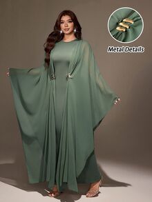 Viva Relle Plus Size Women's Sheer Batwing Sleeve Decorated Button Back Slit Long Casual Dress - Army Green - View 1