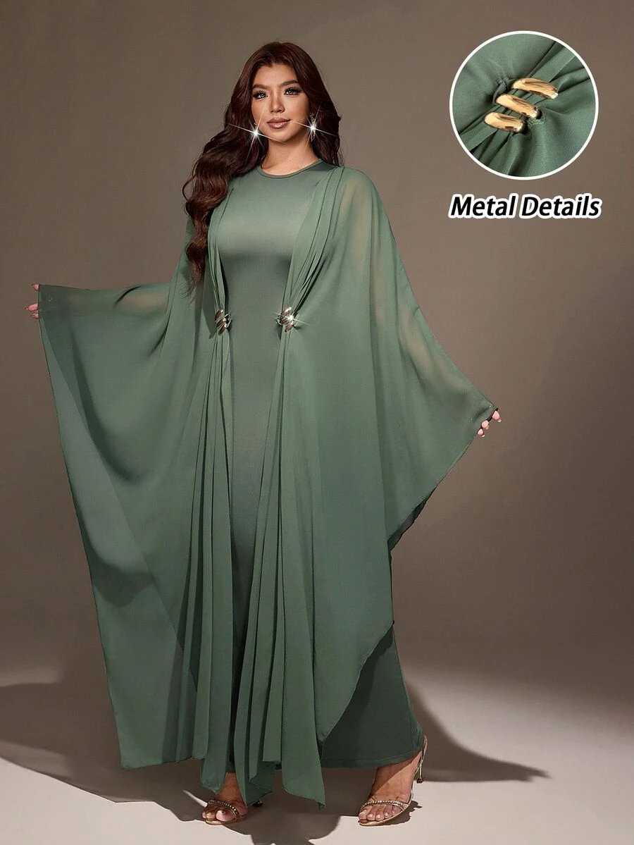 Viva Relle Plus Size Women's Sheer Batwing Sleeve Decorated Button Back Slit Long Casual Dress - Army Green - View 1