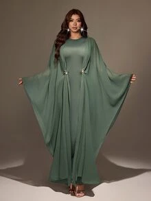 Viva Relle Plus Size Women's Sheer Batwing Sleeve Decorated Button Back Slit Long Casual Dress - Army Green - View 4