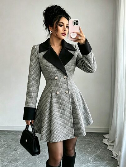 SHEIN Elenzya Nuevo abrigo de lana para mujer con diseño de patchwork de tweed tejido, color liso, solapa con muesca, cintura ceñida, doble botonadura, mangas con solapa decorativa y botones, elegante, versátil, casual, para ir al trabajo, uso diario y reuniones