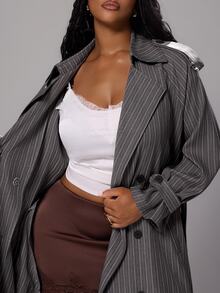 Rustia Plus Size Striped Double-Breasted Lace-Up Long Sleeve Trench Coat - Dark Grey - View 4