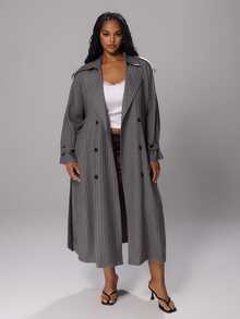 Rustia Plus Size Striped Double-Breasted Lace-Up Long Sleeve Trench Coat - Dark Grey - View 3