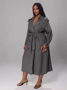 Rustia Plus Size Striped Double-Breasted Lace-Up Long Sleeve Trench Coat - Dark Grey - View 7