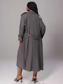 Rustia Plus Size Striped Double-Breasted Lace-Up Long Sleeve Trench Coat - Dark Grey - View 2