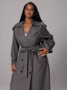 Rustia Plus Size Striped Double-Breasted Lace-Up Long Sleeve Trench Coat - Dark Grey - View 8