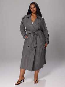 Rustia Plus Size Striped Double-Breasted Lace-Up Long Sleeve Trench Coat - Dark Grey - View 6