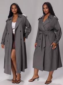 Rustia Plus Size Striped Double-Breasted Lace-Up Long Sleeve Trench Coat - Dark Grey - View 1