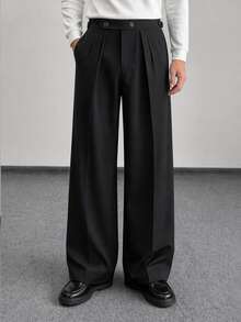 HIMLAND Men's Solid Color Pleated Wide Leg Casual Pants With Pockets - Black - View 1