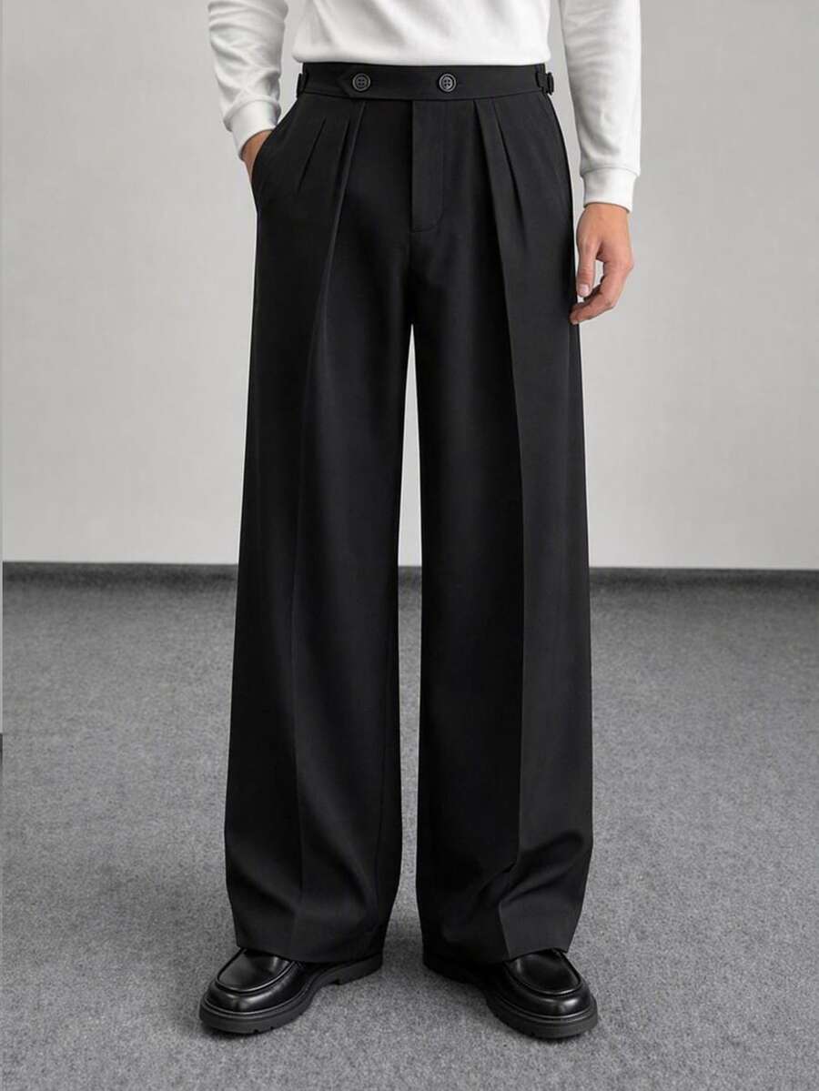 HIMLAND Men's Solid Color Pleated Wide Leg Casual Pants With Pockets - Black - View 1