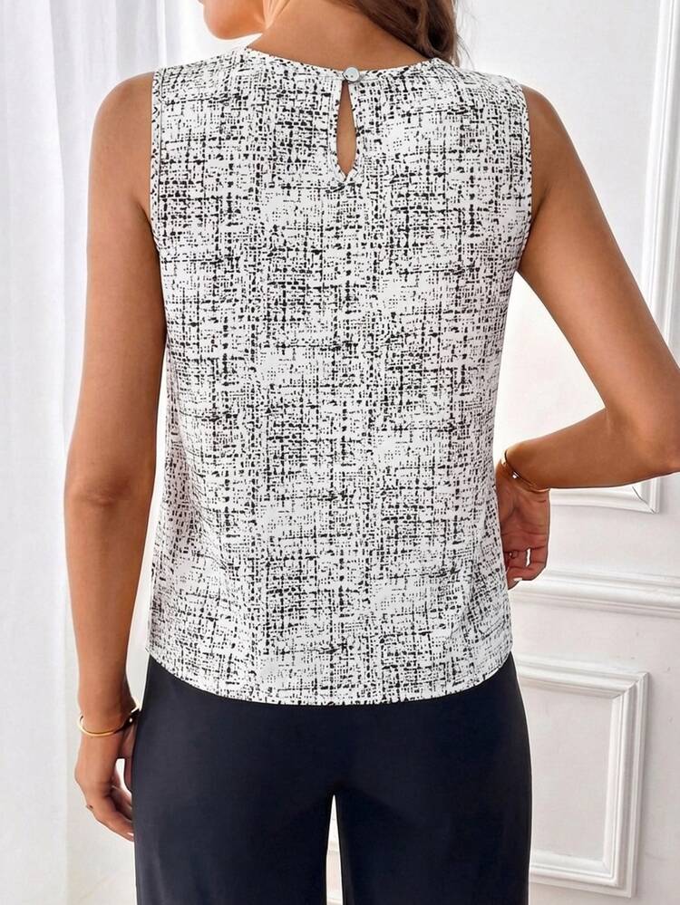 Editum Women's Elegant Summer Office Work Sleeveless Blouse,Black And White Round Neck Pleated Loose H-Shape Business Casual Tops Work Outfits Clothing - White - View 6