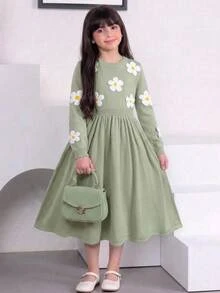SHEIN 兒童青少年女孩休閒時尚百搭可愛花卉裝飾寬鬆舒適圓領套頭毛衣 秋冬款 - 綠色 - 查看 5