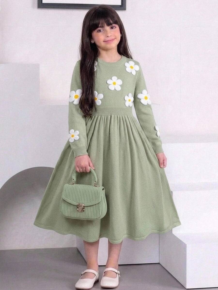 SHEIN Kids Tween Girls Casual Fashion Versatile Cute Floral Decor Loose Comfortable Crew Neck Pullover Autumn Winter Sweater - Green - View 1