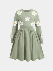 SHEIN 兒童青少年女孩休閒時尚百搭可愛花卉裝飾寬鬆舒適圓領套頭毛衣 秋冬款 - 綠色 - 查看 6