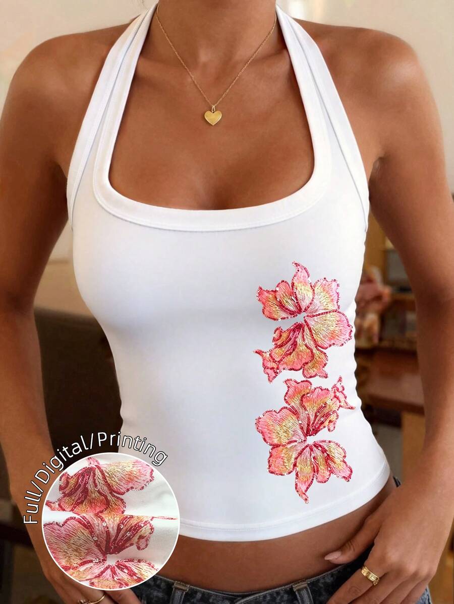DrmWander Women's Letter Print Fitted Halter Neck Tank Top, Versatile For Daily Wear - White - View 1