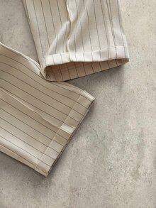 HIMLAND Men's Casual Streetwear Woven Elastic Waist Vertical Striped Tapered Cropped Pants Office Business Beige Autumn - White - View 3