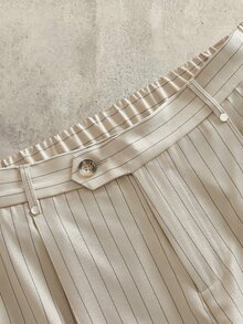 HIMLAND Men's Casual Streetwear Woven Elastic Waist Vertical Striped Tapered Cropped Pants Office Business Beige Autumn - White - View 4