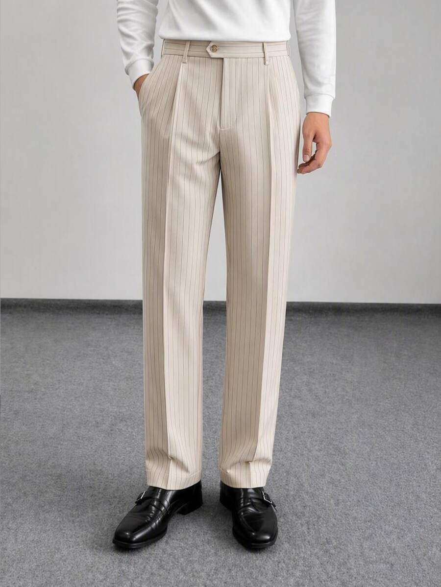 HIMLAND Men's Casual Streetwear Woven Elastic Waist Vertical Striped Tapered Cropped Pants Office Business Beige Autumn - White - View 1