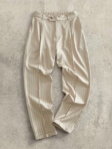 HIMLAND Men's Casual Streetwear Woven Elastic Waist Vertical Striped Tapered Cropped Pants Office Business Beige Autumn - White - View 6