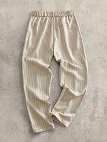 HIMLAND Men's Casual Streetwear Woven Elastic Waist Vertical Striped Tapered Cropped Pants Office Business Beige Autumn - White - View 2