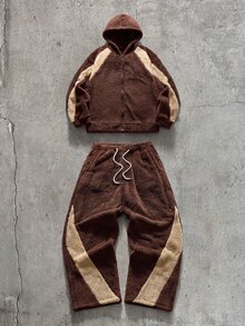 AXEPEAK Men's Colorblock Patchwork Hoodie & Pants Set - Brown - View 13