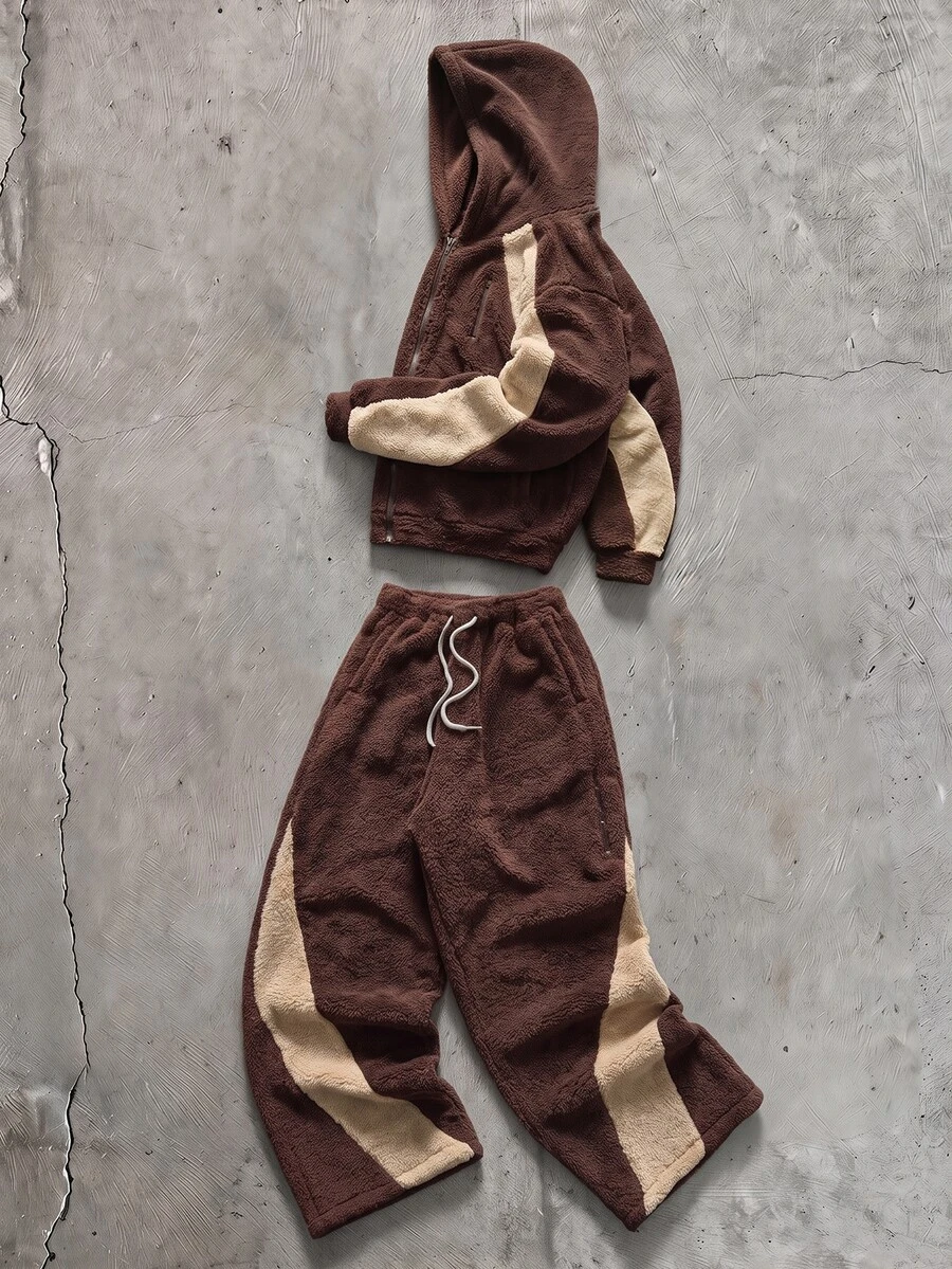 AXEPEAK Men's Colorblock Patchwork Hoodie & Pants Set - Brown - View 1
