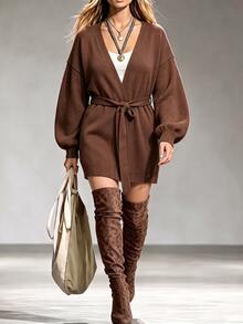Linhara CURVE كارديجان محبوك كاجوال للنساء بمقاس كبير، بلون موحد، بأكمام طويلة وأكتاف منخفضة وحزام خصر - قهوة بني - مشاهدة 1