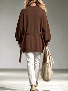 Linhara CURVE كارديجان محبوك كاجوال للنساء بمقاس كبير، بلون موحد، بأكمام طويلة وأكتاف منخفضة وحزام خصر - قهوة بني - مشاهدة 2