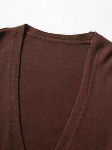 Linhara CURVE كارديجان محبوك كاجوال للنساء بمقاس كبير، بلون موحد، بأكمام طويلة وأكتاف منخفضة وحزام خصر - قهوة بني - مشاهدة 4
