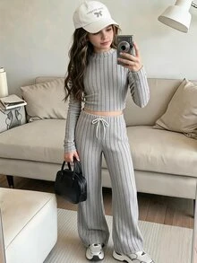 女童休閒時尚灰色毛絨寬螺紋圓領長袖短版上衣與配套長褲兩件套，極簡舒適四季皆宜 - 灰色 - 查看 3