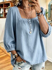 Weeklong Plus Size Women's Autumn/Winter Square Neck Button-Up Denim Effect Print Casual Traditional Office Shirt Fall Brunch Formal Light Blue - Blue - View 3
