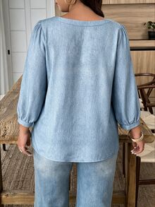 Weeklong Plus Size Women's Autumn/Winter Square Neck Button-Up Denim Effect Print Casual Traditional Office Shirt Fall Brunch Formal Light Blue - Blue - View 6