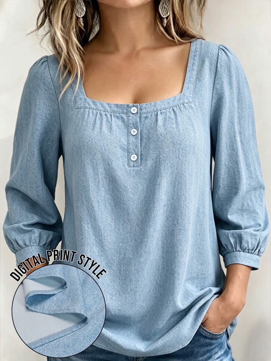 Weeklong Plus Size Women's Autumn/Winter Square Neck Button-Up Denim Effect Print Casual Traditional Office Shirt Fall Brunch Formal Light Blue - Blue - View 1