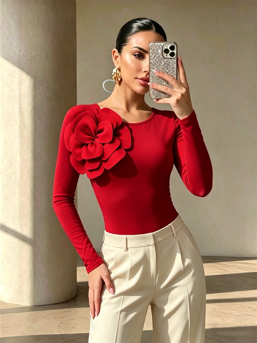 Xyvia 1pc Women's Round Neck Floral Decor Elegant Fitted Bodysuit Fall Cloth For Women - Red - View 1