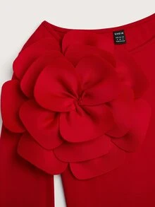 Xyvia 1pc Women's Round Neck Floral Decor Elegant Fitted Bodysuit Fall Cloth For Women - Red - View 9