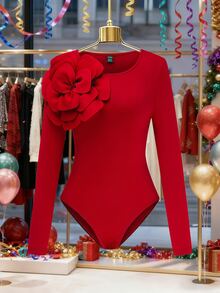 Xyvia 1pc Women's Round Neck Floral Decor Elegant Fitted Bodysuit Fall Cloth For Women - Red - View 4
