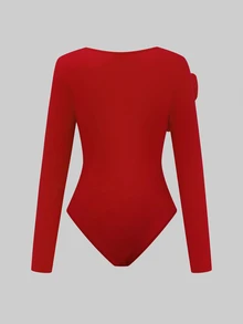 Xyvia 1pc Women's Round Neck Floral Decor Elegant Fitted Bodysuit Fall Cloth For Women - Red - View 2