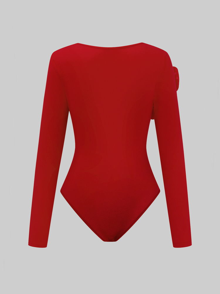 Xyvia 1pc Women's Round Neck Floral Decor Elegant Fitted Bodysuit Fall Cloth For Women - Red - View 2