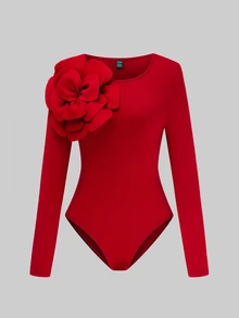 Xyvia 1pc Women's Round Neck Floral Decor Elegant Fitted Bodysuit Fall Cloth For Women - Red - View 1