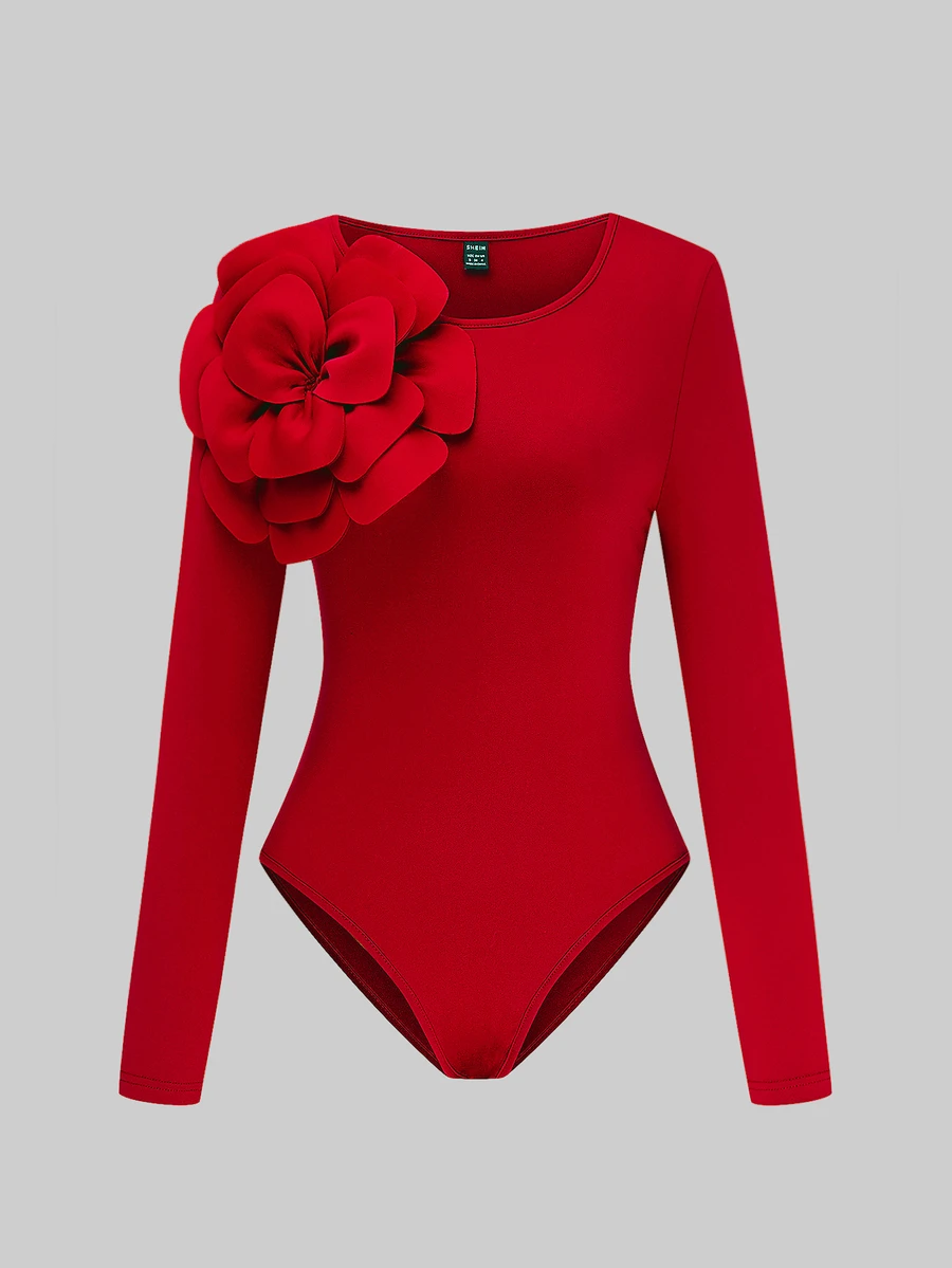Xyvia 1pc Women's Round Neck Floral Decor Elegant Fitted Bodysuit Fall Cloth For Women - Red - View 1