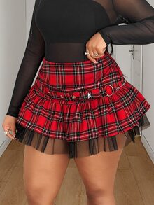 Whyspr Spring Autumn Winter Casual Goth 90s Elegant Niche Design Formal Going Out Red And White Plaid Metal Buckle Plus Size Women's Skirt Halloween - Red - View 5