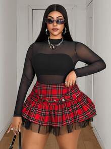 Whyspr Spring Autumn Winter Casual Goth 90s Elegant Niche Design Formal Going Out Red And White Plaid Metal Buckle Plus Size Women's Skirt Halloween - Red - View 6